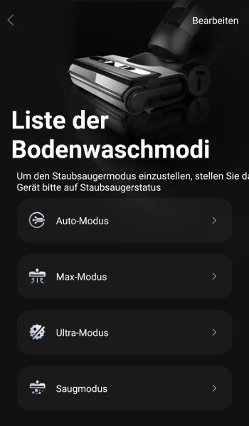 Über die App besteht ebenfalls die Möglichkeit, zwischen den verschiedenen Reinigungsmodi zu wählen.