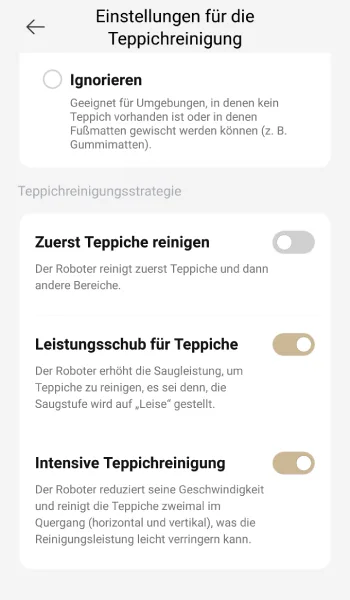 Per App wird definiert wie der Roboter mit Teppichen umgeht.