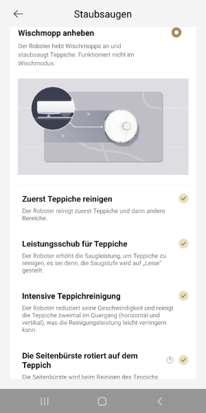 Die Seitenbürste kann auf Teppichen wahlweise aktiviert oder deaktiviert werden