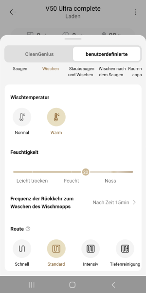 Der Roboter kann mit kaltem oder warmem Wasser wischen.