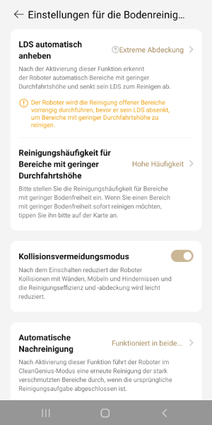 Einstellungen für Bereiche mit niedriger Höhe.