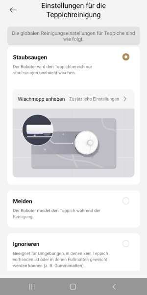 Einstellungen für die Teppichreinigung