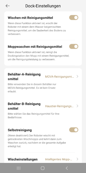 Einstellungen der Reinigungsstation