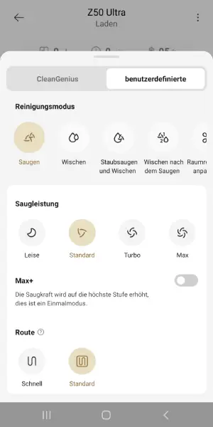 Alle Reinigungsparameter auf einen Blick: Saugkraft, Wasserstand, Reinigungsmodus und Route lassen sich bequem individuell anpassen.