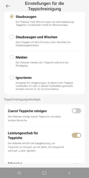 Hier lässt sich festlegen, ob Teppiche ignoriert, gemieden oder besonders intensiv gereinigt werden sollen – inklusive Saugkraftanpassung.