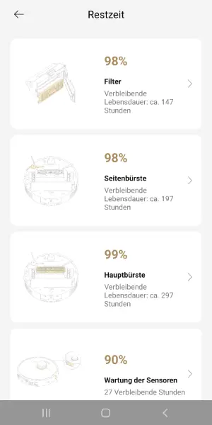 Praktische Übersicht über den Zustand aller Verschleißteile – inklusive Erinnerungen zur Reinigung oder zum Austausch.