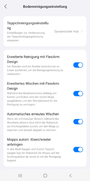 Einstellungen für Seitenbürste und Wischarm
