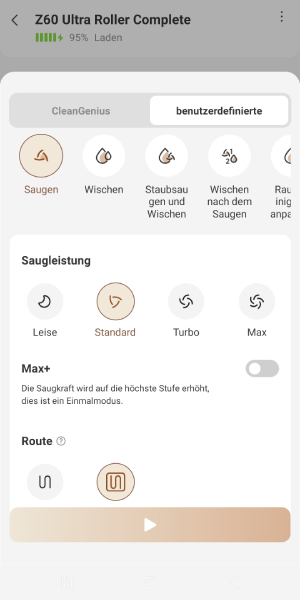 Reinigungseinstellungen beim Saugen