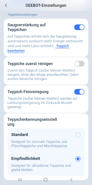 Übersicht der Teppich-Einstellungen