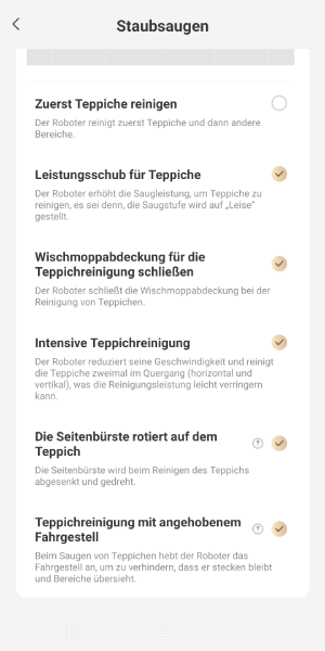 Mögliche Teppich-Einstellungen