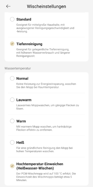 Einstellungen für Moppwäsche