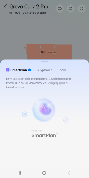 Wird SmartPlan gewählt, entscheidet die KI eigenständig über die Reinigungsparameter.