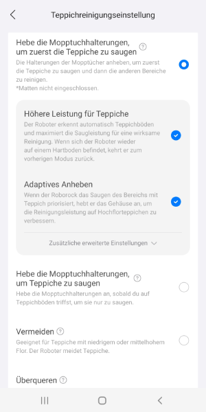 Teppich-Einstelllungen