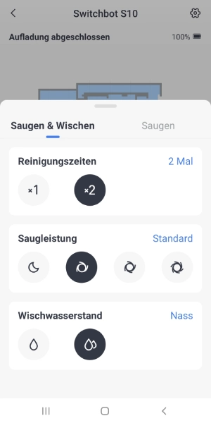 Übersichtliche Reinigungseinstellungen für Saug- und Wischfunktionen.
