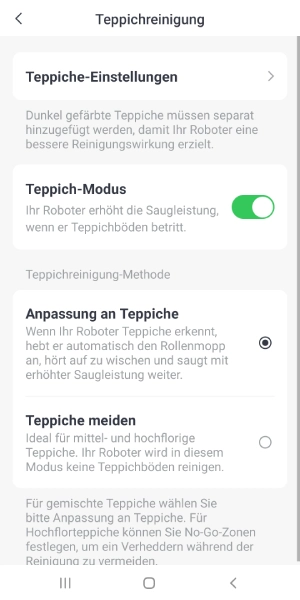 Individuelle Einstellungen für den Umgang mit Teppichen beim Saugen und Wischen.