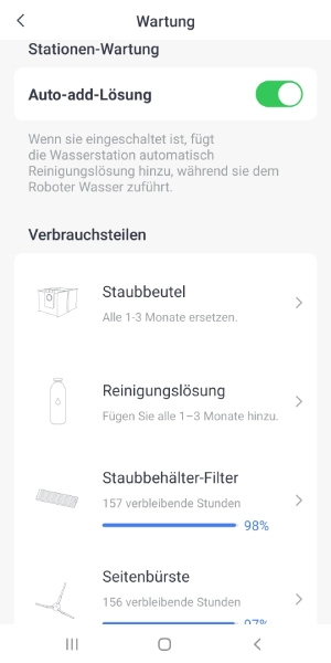Der Wartungsbereich informiert über Pflegeintervalle und nötige Arbeiten.