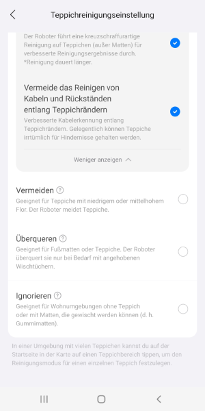 Verschiedene Teppicheinstellungen