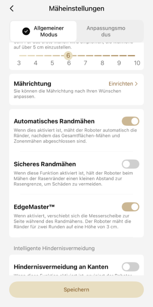 Einstellungen für das Kantenmähen