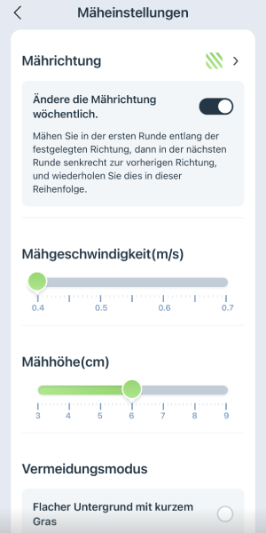 Festlegung von Mährichtung, -geschwindigkeit und -höhe