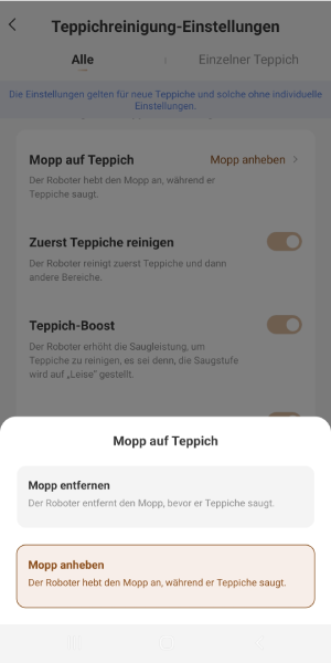 Teppich-Einstellungen