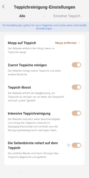 Teppich-Einstellungen
