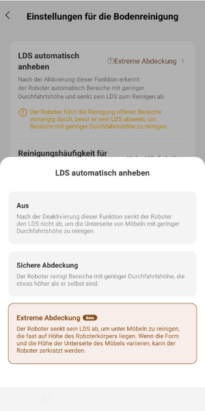 Einstellungen für Absenken des Laserturms