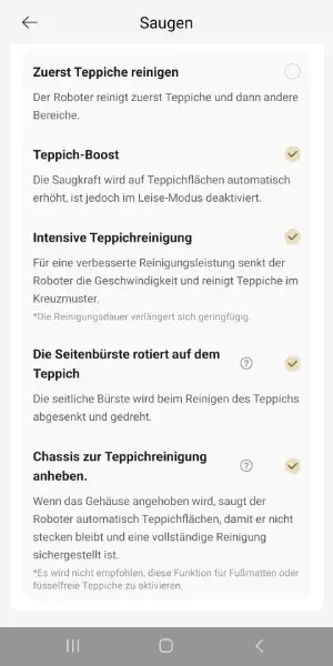 Für Teppiche können eigene Einstellungen festgelegt werden – vom Anheben oder Ablegen der Mopps bis zur intensiven Teppichreinigung.