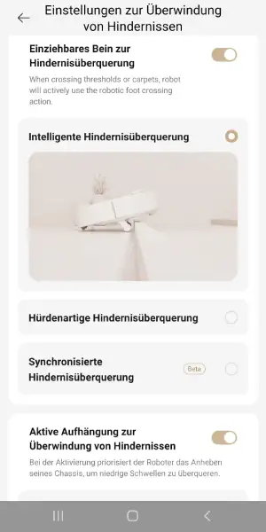 Die Klettermethode kann angepasst werden, damit der Roboter Schwellen je nach Situation synchron, hürdenartig oder intelligent überwindet.