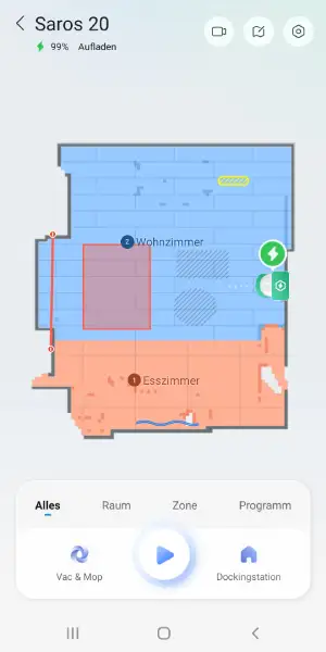 Die Karte zeigt Räume, Teppiche, Sperrzonen und weitere wichtige Bereiche übersichtlich an.