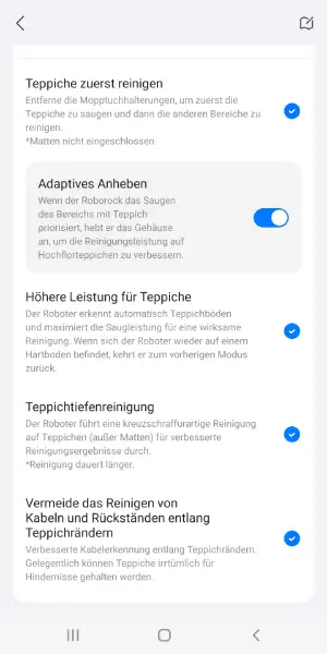 Für Teppiche stehen zahlreiche Einstellungen zur Verfügung - vom Anheben der Mopps bis zur Intensivreinigung.