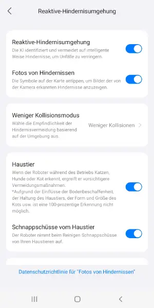 Der Umgang mit Hindernissen kann individuell angepasst werden, um Reinigung und Sicherheit auszubalancieren.