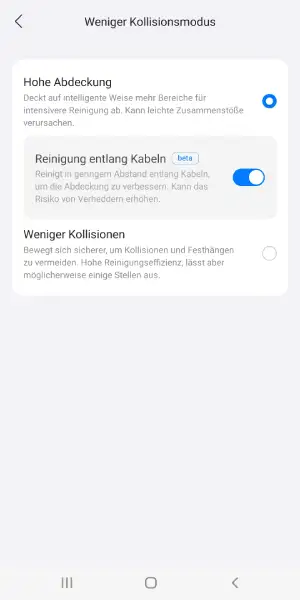Im Kollisionsmodus lässt sich festlegen, wie nah der Roboter an Möbel und andere Gegenstände heranfahren soll.