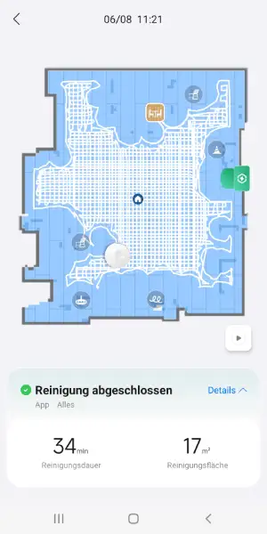 Die gefahrenen Wege werden in der Karte dokumentiert und abgeschlossene Reinigungen können nachvollzogen werden.
