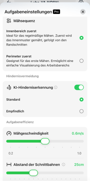 Hinderniserkennung und Mähgeschwindigkeit