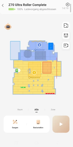 Die Karte zeigt alle Räume sowie hinterlegte Teppiche, Schwellen, Sperrzonen und niedrige Möbelbereiche.