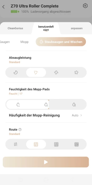 Saugstärke, Wassermenge, Reinigungsmodus und Fahrroute lassen sich flexibel festlegen.