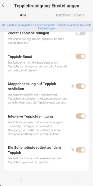 Für Teppiche stehen verschiedene Reinigungsarten sowie Einstellungen zu AutoShield und Saugkraftverstärkung bereit.