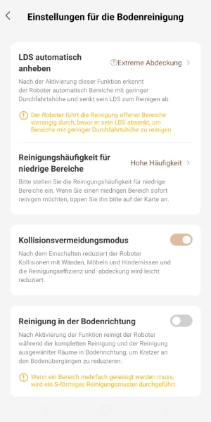 Hier lassen sich unter anderem der Kollisionsmodus und weitere Optionen zur Bodenreinigung anpassen.
