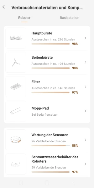 Die App zeigt den Zustand der Verschleißteile an und erinnert rechtzeitig an Reinigung oder Austausch.