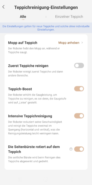 Teppich-Einstellungen