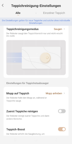 Teppich-Einstellungen
