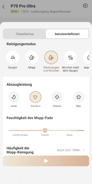 Reinigungseinstellungen