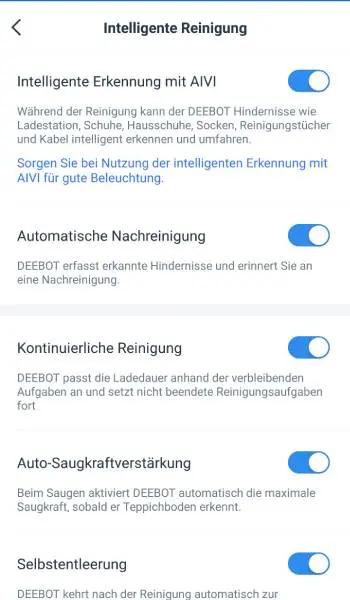 Ein Blick in das Menü intelligente Reinigung.