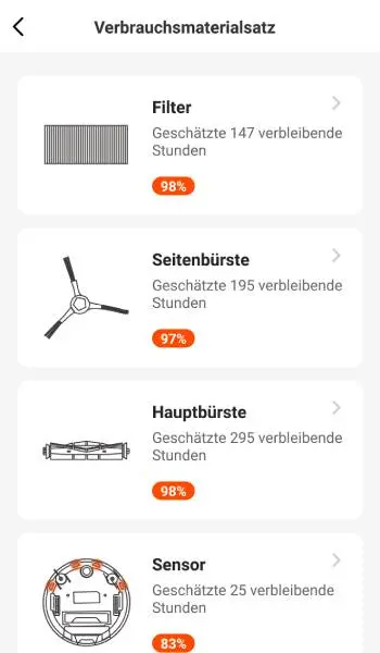 In der App wird auch der Verschleiß beziehungsweise der Verschmutzungsgrad der einzelnen Teile angezeigt.