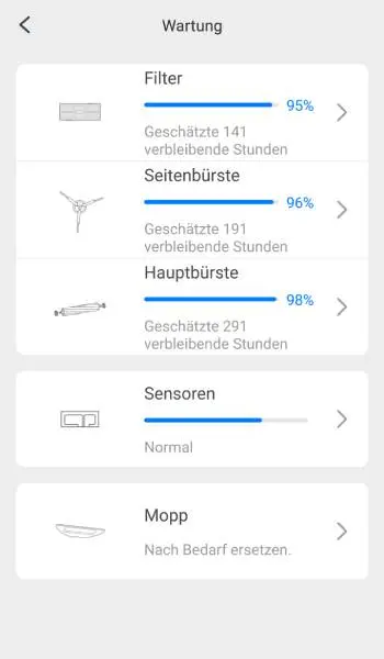 Im Register Wartung wird angezeigt, wie viel Zeit noch bleibt, bis einzelne Teile gereinigt oder getauscht werden müssen.
