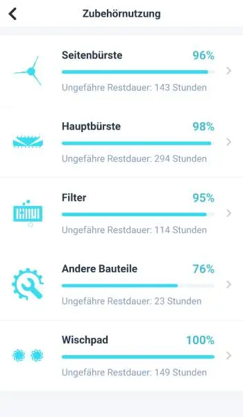 In den Einstellungen kann sogar eingesehen werden, wie sehr die Zubehörteile schon abgenutzt sind.