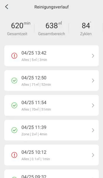 Auch der Reinigungsverlauf kann eingesehen werden.