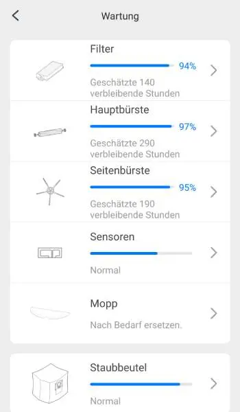 Es ist ersichtlich, wie lange einzelne Teile noch genutzt werden können, bis eine Reinigung oder ein Tausch erforderlich ist.