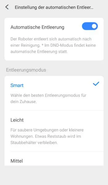 Wie oft der Roboter seinen Schmutzbehälter in der Station entleeren soll, kann eingestellt werden.