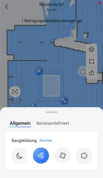 Die Saugstärke lässt sich in vier Stufen variieren und kann auch individuell für jeden Raum gespeichert werden.